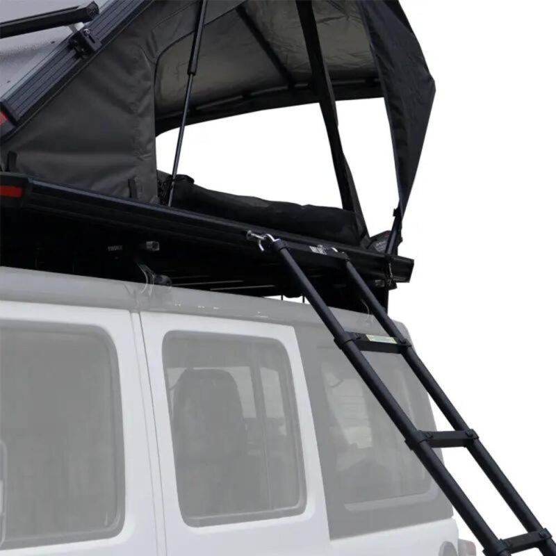 2 People Car Rooftop Tent Bush Cruiser from the side. Its windows can also be used as entrances, due to their enormous size. Simply place the ladder on whichever side of the 3 you want your entrance to be.