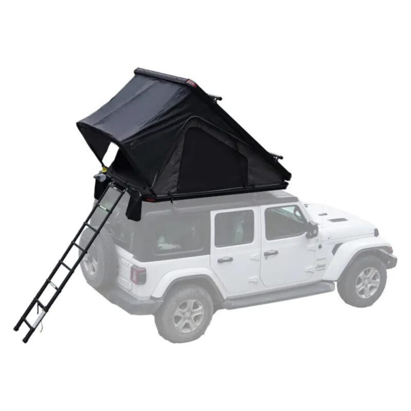 2 People Car Rooftop Tent Bush Cruiser 120cm - WildLand, installed with extended ladder in triangular shape. It is on the roof of the car and the ladder access is from the back of the car.