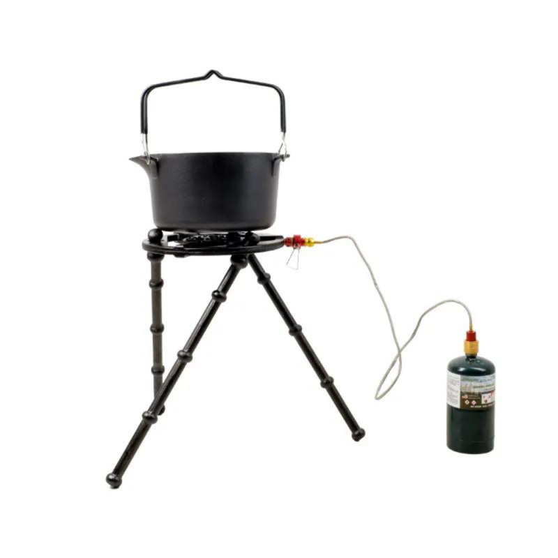 Product Showcase Photo: Multifunction Outdoor Camping Cookware Tripod - WildLand, Connected to Gas Can With Cord For Cooking.