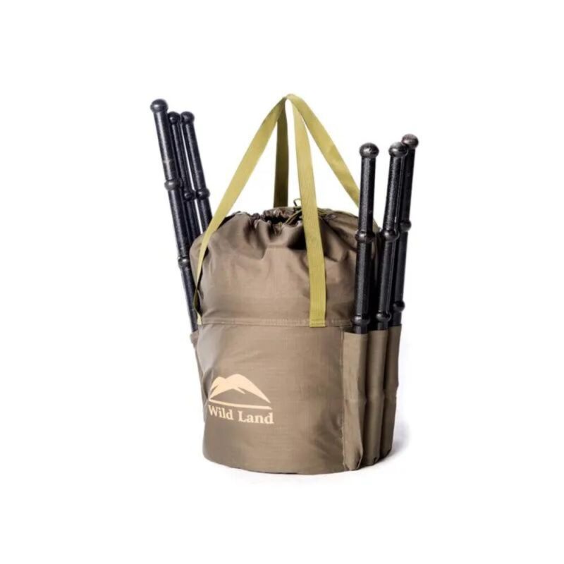 Image showing the Multifunction Outdoor Camping Cookware Tripod stored in its carry bag. Brown bag with two large yellow straps, round, with the tripod disassembled on side mounts of the case with wild land logo.