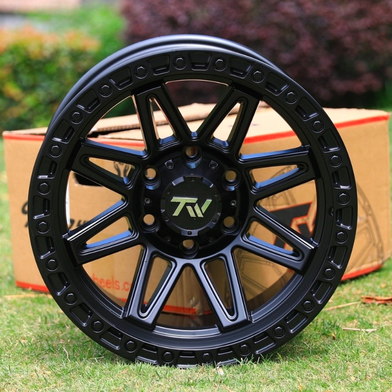Front view of TW Wheels T23 Vector Full Black displayed on grass