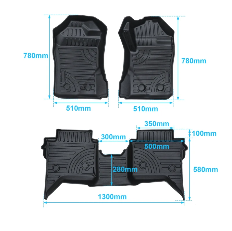 Volkswagen Amarok 2023+ TPE Floor Mats every single dimension of the product.