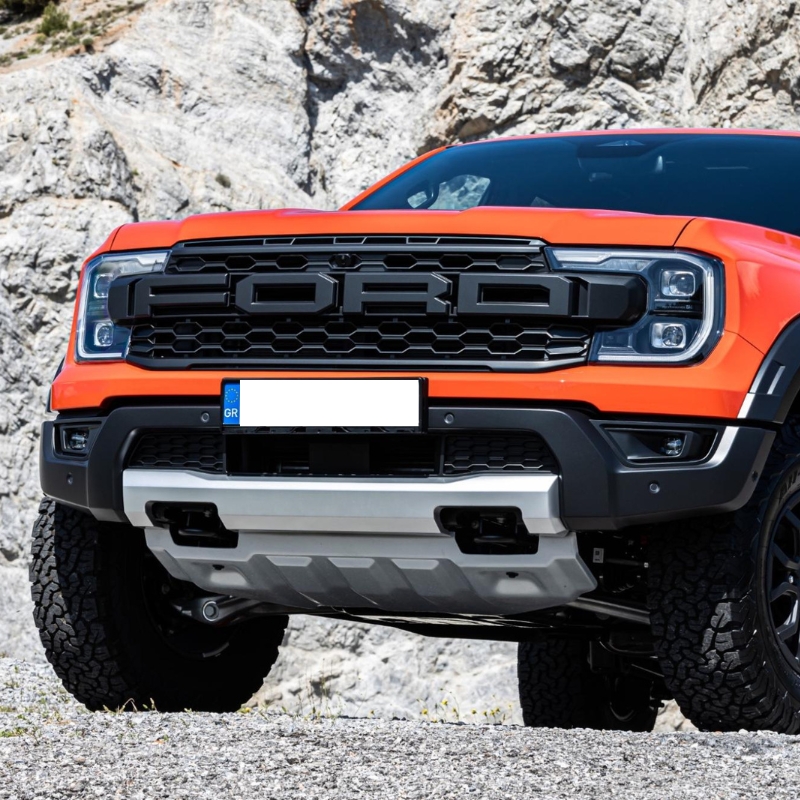 Front close-up image of the Ford Ranger Raptor with the Ford Ranger T9/Raptor 2023+ Engine Skid Plate installed.
